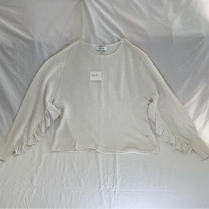 John Jenn- scoop neck, white, long sleeve sweater with ruffled sleeves. LIKE NEW
